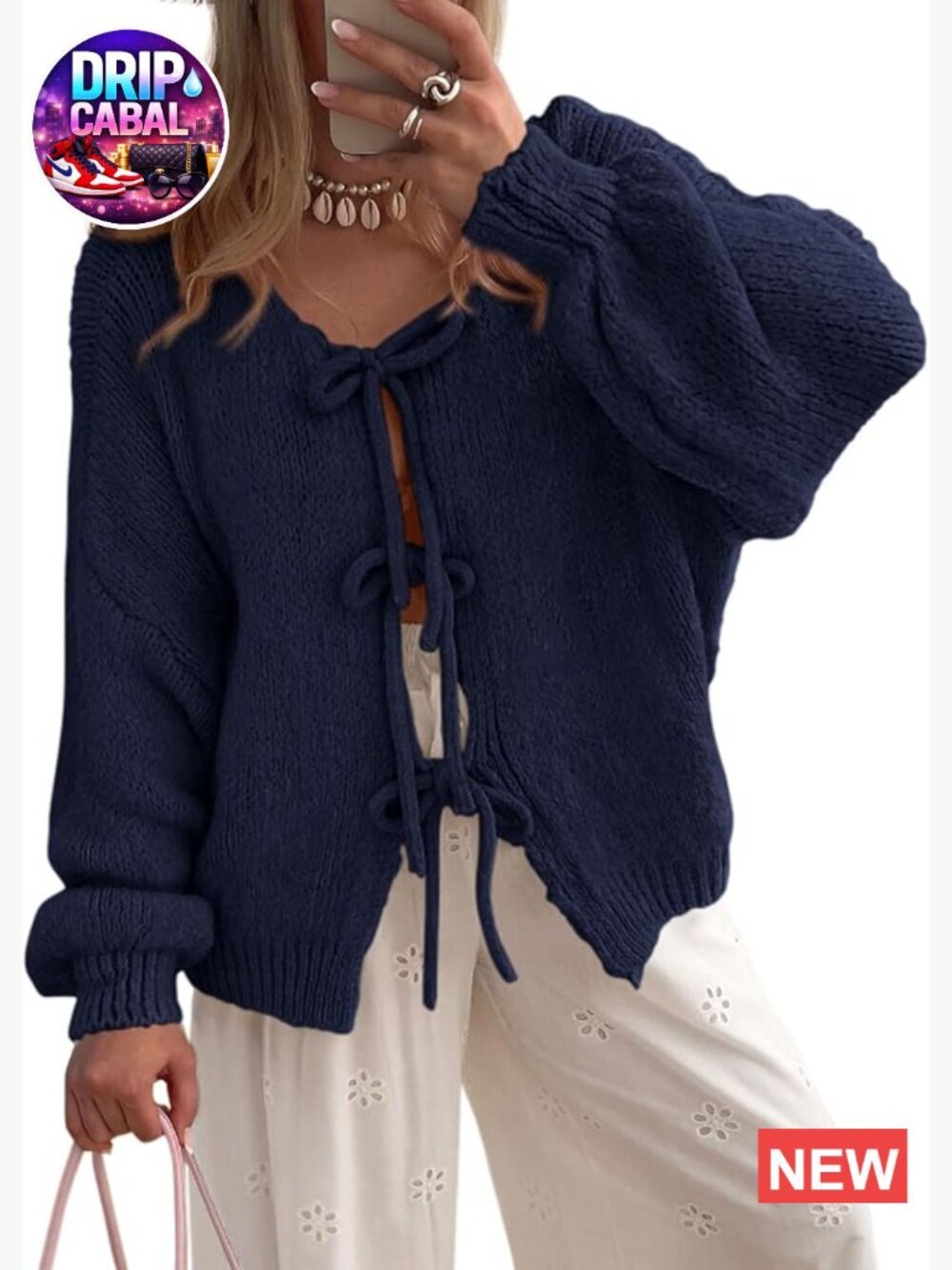 Chunky Knit Tie Front Bow Cardigan Long Puff Sleeve Open Front
